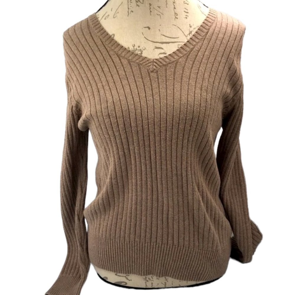 Pria Tan Ribbed V-Neck Sweater Size M